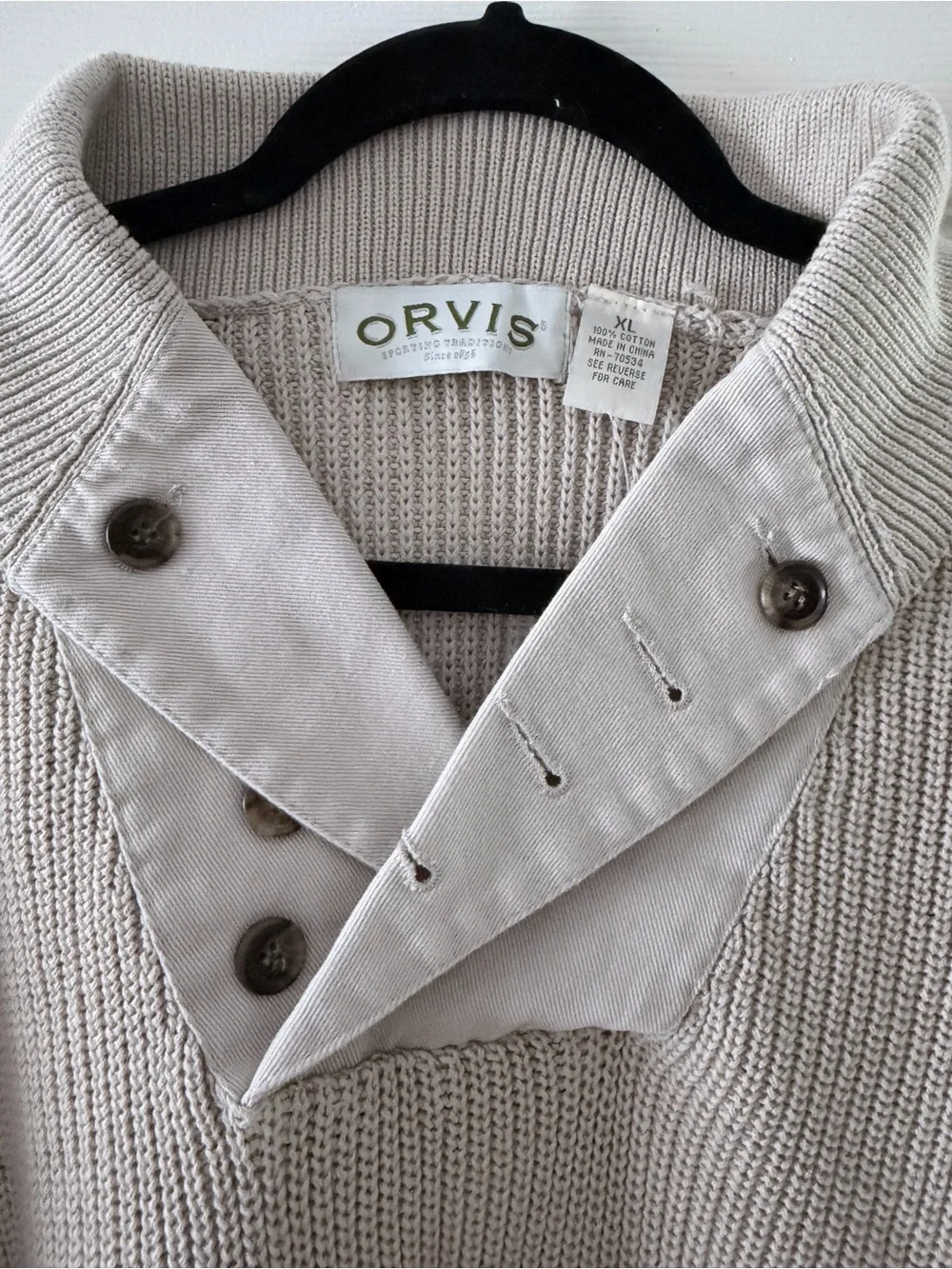 NWOT Orvis Men’s XL 100% Cotton Knit Sweater Pullover Button Collar Oatmeal